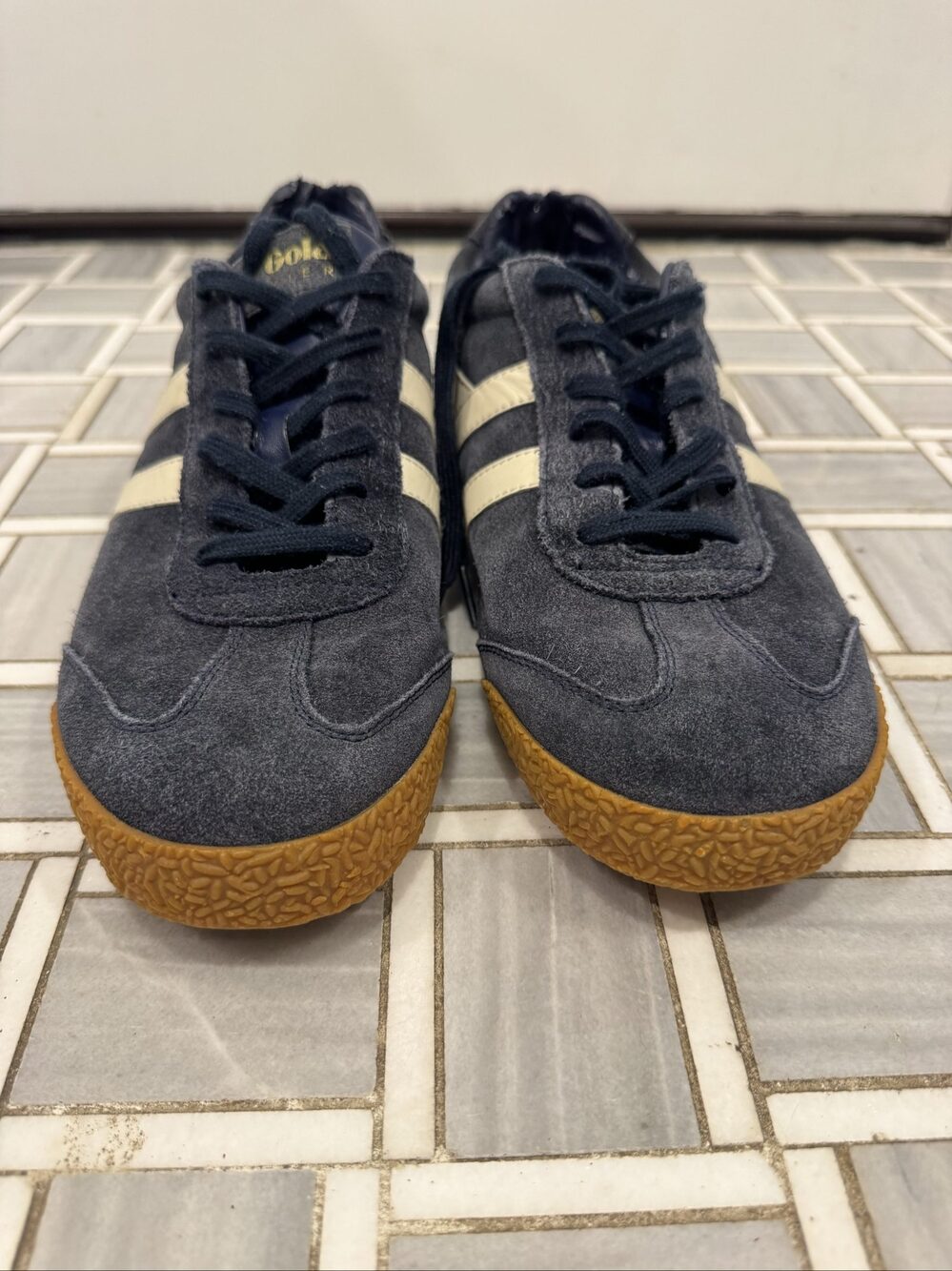 Men’s Gola Harrier Suede Retro Sneakers – Navy Cream Gum Sole – 10